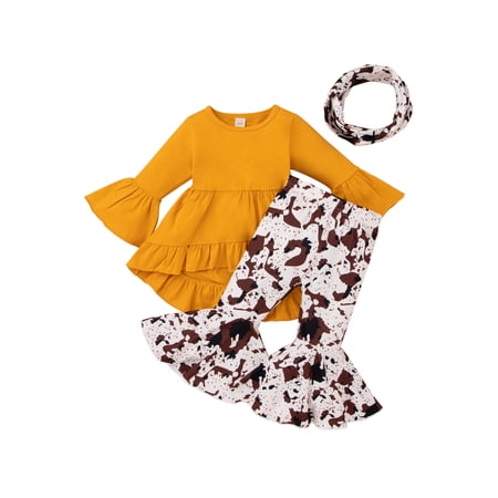 Toddler Baby Girls Spring Clothes Solid Flare Long Sleeve Ruffle Dress Top+Cow Pattern Wide Leg Pant+Scarf
Toddler Baby Girls Spring Clothes Solid Flare Long Sleeve Ruffle Dress Top+Cow Pattern Wide Leg Pant+Scarf