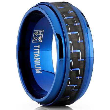 Men's Blue Titanium Wedding Bands Ring With Black and Blue Carbon Fiber Inlay, 9MM
