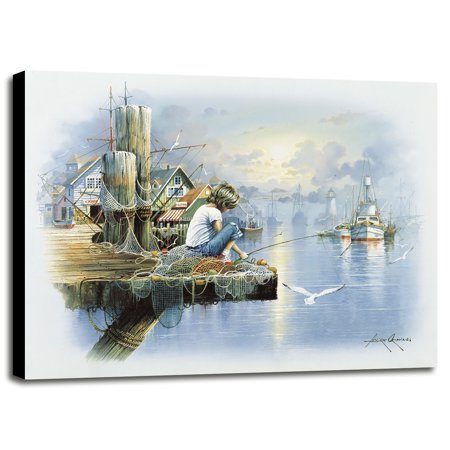 Fishing Dock D-ANDORP91636 Print 16.5"x20.5" by Andres Orpinas in a Canvas Stretched in Maple Frame
