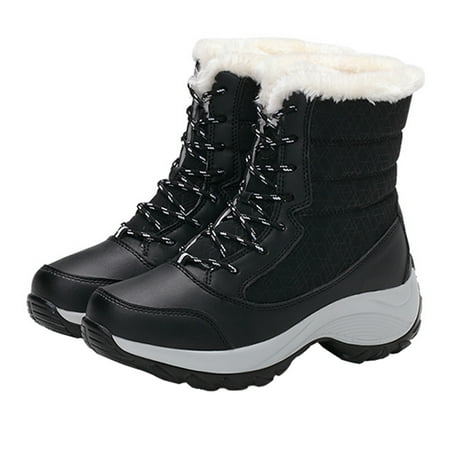 Warm Faux Fur Lined Women Snow Boot Winter Nonslip Lace Up Shoes Booties