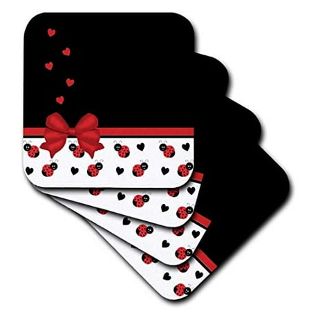 3dRose Cute Red Black Ladybugs Floating Hearts Red Ribbon Soft Coasters set of 8