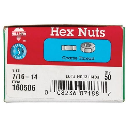 Hillman 160506 0.437 x 14 in. USS Fin Sae Hex Nuts Box of 50