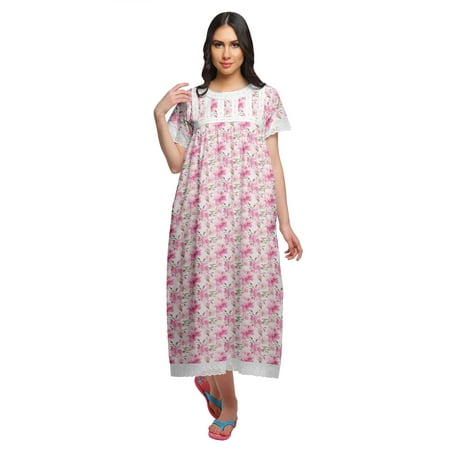 Moomaya Printed Short Sleeve Maxi Nightdress Button Down Cotton Sleepwear Gown