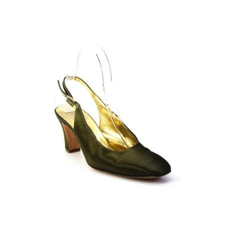 Pre-owned|Bruno Magli Womens Block Heel Satin Slingback Pumps Green Size 8 AAAA