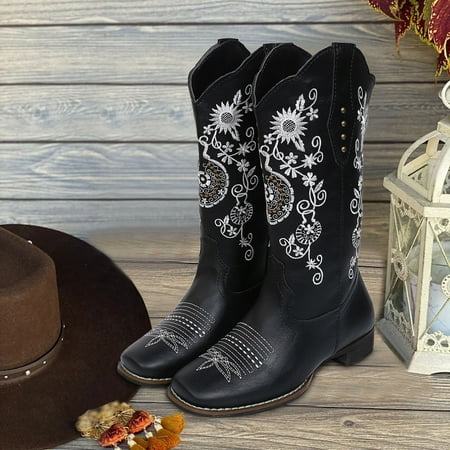 wofedyo womens boots Toe Print Slip On Heels Middle Women Embroidery Retro Shoes Booties Women s Boots boots for women
