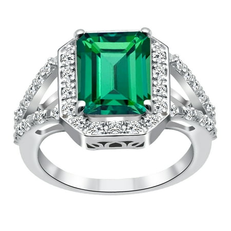 5.35 Carat Green Created Emerald,White Topaz Sterling Silver Promise Ring