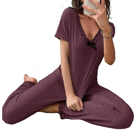 Cute Solid V neck Pant Sets Short Sleeve Maroon Womens Pajama Sets (Women s)
Cute Solid V neck Pant Sets Short Sleeve Maroon Womens Pajama Sets (Women s)