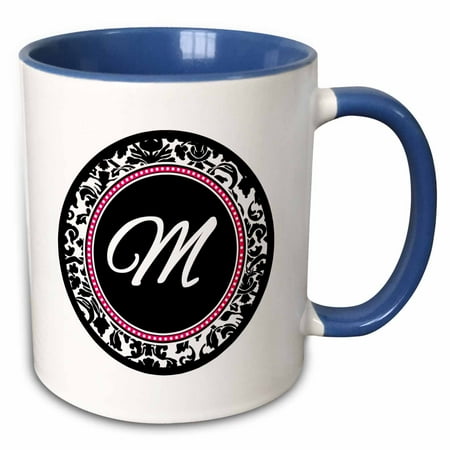 3dRose Letter M stylish monogrammed circle - girly personal initial personalized black damask with hot pink - Two Tone Blue Mug 11-ounce 
3dRose Letter M stylish monogrammed circle - girly personal initial personalized black damask with hot pink - Two Tone Blue Mug 11-ounce