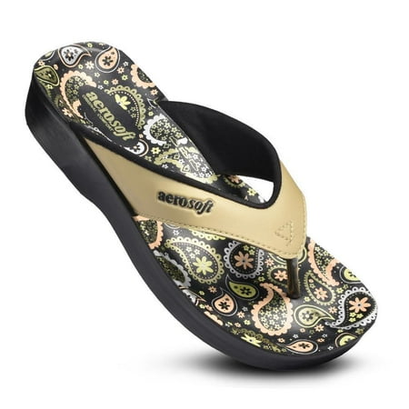 Womens Aerosoft DOJO Flip-Flop Sandals With Aerothotic Insoles - Gold