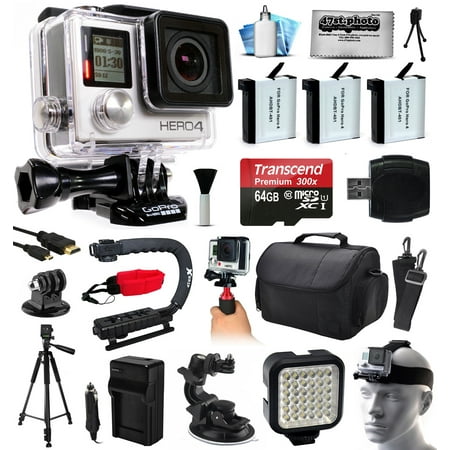 GoPro HERO4 Silver Edition 4K Action Camera with 64GB MicroSD, 3x Batteries, Charger, Card Reader, Large Case, Action Handle, Tripod, Car Mount, LED Light, Helmet Strap, Dust Cleaning Kit (CHDHY-401)