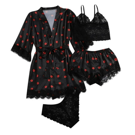 Women s Satin Pajama Set 4pcs Floral Lace Trim Cami Top Lingerie Sleepwear with Robe PJs Sets for Women
Women s Satin Pajama Set 4pcs Floral Lace Trim Cami Top Lingerie Sleepwear with Robe PJs Sets for Women