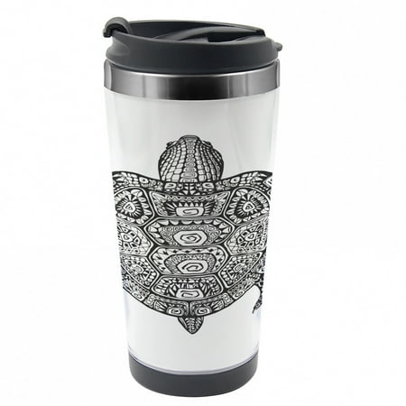 Turtle Travel Mug Tribal Art on Tortoise Steel Thermal Cup 16 oz by Ambesonne