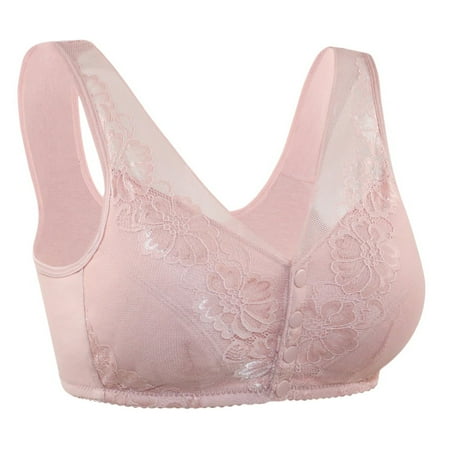 Ladies Lace Front Buckle Bra Soft Cotton Vest Bra for Middle-Aged And Elderly Women No Steel Ring(Pink)