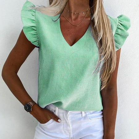 Short Sleeve Shirts for Women Summer Casual Loose Fit Stripe Solid Tunic Tee ruffled Sleeve V Neck Blouse
Short Sleeve Shirts for Women Summer Casual Loose Fit Stripe Solid Tunic Tee ruffled Sleeve V Neck Blouse