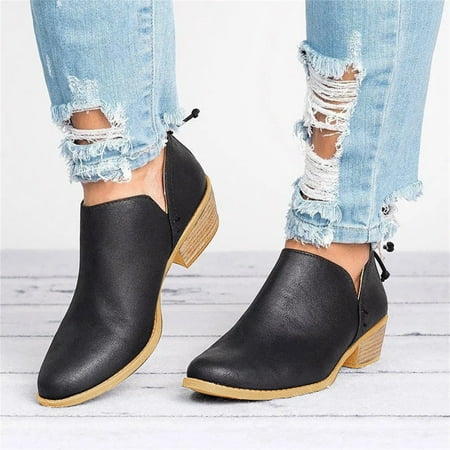 FEIOS Women s Ankle Boots Low Heels Chunky Booties Cutout Western Shoes Black