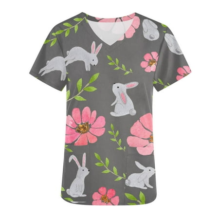 Easter Scrub Tops for Women Funny Rabbit Printed Short Sleeve Working Uniform Nurse Workwear T Shirts with Pockets
Easter Scrub Tops for Women Funny Rabbit Printed Short Sleeve Working Uniform Nurse Workwear T Shirts with Pockets
