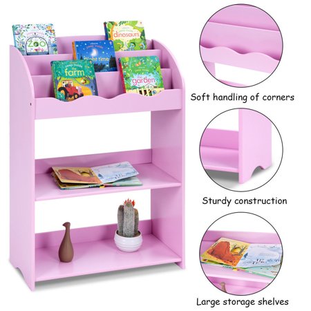 GHP 24.5"x11"x35.5" Pink MDF Bedroom Kids Bookshelf w 3-Tier Shelves & Smooth Edges