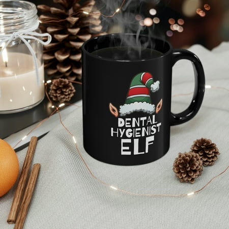 Dental Hygienist Elf 11oz Black Ceramic Mug Christmas Holidays Xmas Elves
