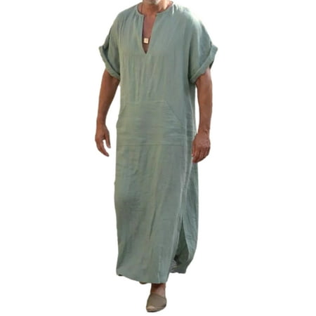 FOCUSNORM Men s V-Neck Short Sleeve Home Robe Side Split Kaftan Cotton Long Gown Thobe with Pockets Shirt 
FOCUSNORM Men s V-Neck Short Sleeve Home Robe Side Split Kaftan Cotton Long Gown Thobe with Pockets Shirt