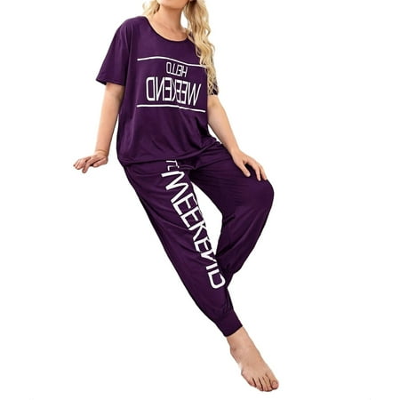 

Wowens Plus Pajama Sets Slogan Print Sleepware Lounge Purple 3XL