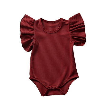 Musuos Baby Summer Rompers Solid-Color Ribbed O-Neck Ruffle Sleeves Jumpsuit