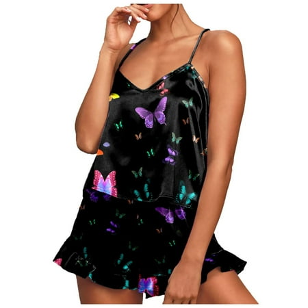 BIZIZA Women s Pajama Sets Satin Sleeveless V-Neck Cami 2 Piece Comfortable Shorts Floral