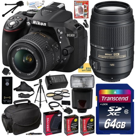 Nikon D5300 24.2 MP CMOS Digital SLR Camera with 18-55mm f\/3.5-5.6G ED VR II AF-S DX NIKKOR Zoom Lens & Nikon AF-S NIKKOR 55-300mm f\/4.5-5.6G ED VR Zoom Lens (Black) (1522) with 64GB SD Card and More