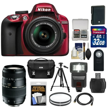 Nikon D3300 Digital SLR Camera & 18-55mm G VR DX II AF-S Zoom Lens (Red) with 70-300mm Lens + 32GB Card + Battery + Case + Filters + Flash + Tripod + Accessory Kit