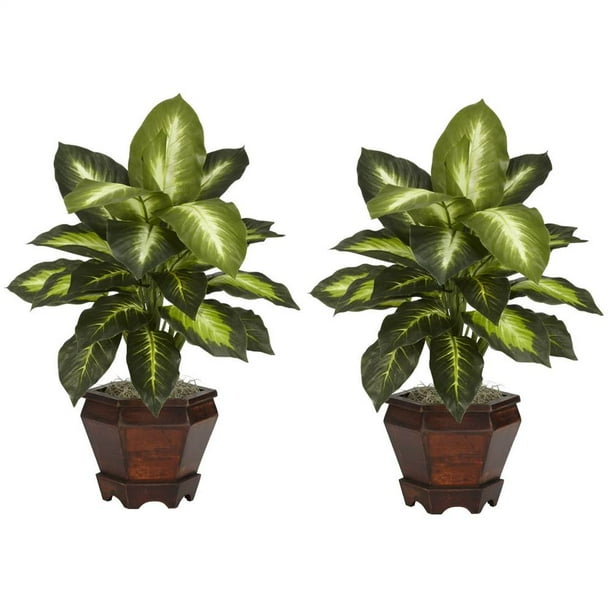 Nearly Natural Dieffenbachia Silk Plant with Wood Vase, Golden, 2pc