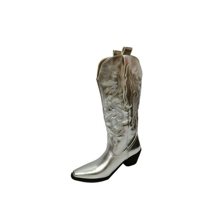 GENILU Women High Calf Boot Wide-Calf Winter Shoes Embroidered Western Cowgirl Boots Comfort Pointed Toe Riding Booties Casual Non-Slip Pull On Vintage Bootie Silver 5
GENILU Women High Calf Boot Wide-Calf Winter Shoes Embroidered Western Cowgirl Boots Comfort Pointed Toe Riding Booties Casual Non-Slip Pull On Vintage Bootie Silver 5