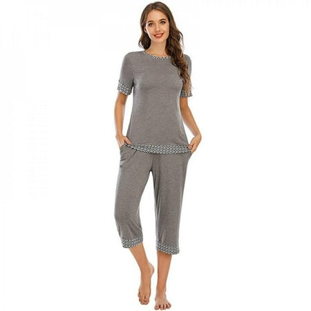 Women Pajamas Set Fashion Patchwork Short Sleeve Tops and Calf-length Pants Casual Home Service Set Gray M
Women Pajamas Set Fashion Patchwork Short Sleeve Tops and Calf-length Pants Casual Home Service Set Gray M