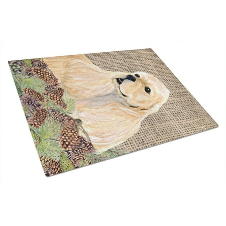 Carolines Treasures SS4060LCB Cocker Spaniel on Faux Burlap with Pine Cones Glass Cutting Board Large 12H x 16W