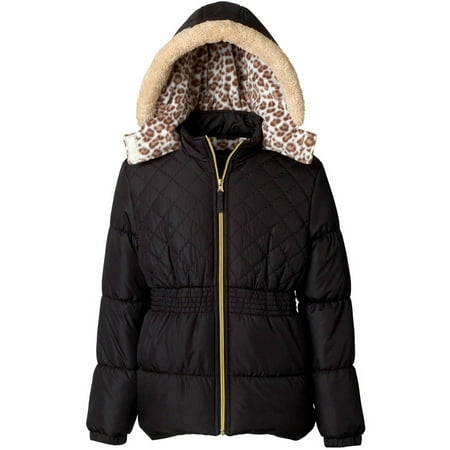 pink platinum girl's quilted puffer jacket with sherpa fleece hood