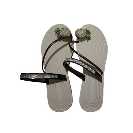 

Daeful Ladies Flat Sandals Comfort Flip Flops Rhinestone Fashion Slippers Beach Casual Stylish Summer Thong Sandal Brown Pineapple Decor 8