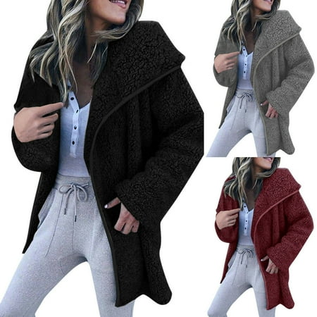 Women Lapel Loose Solid Color Jackets Casual Long Sleeve Warm Cashmere Wool Coat Black 3XL