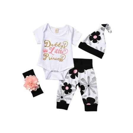 4 Pcs Baby Girl Romper Outfits Daddy s Little Princess Letter One-Piece Bodysuit and Floral Pant Hat Headband Clothes Sets
4 Pcs Baby Girl Romper Outfits Daddy s Little Princess Letter One-Piece Bodysuit and Floral Pant Hat Headband Clothes Sets