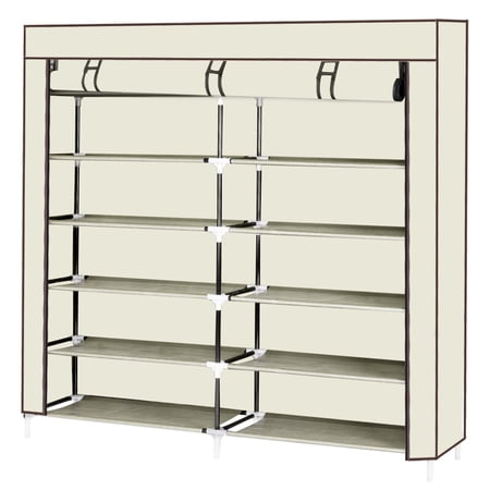 7 Tiers Portable Shoe Rack Closet Fabric Cover Shoe Storage Organizer Cabinet Beige