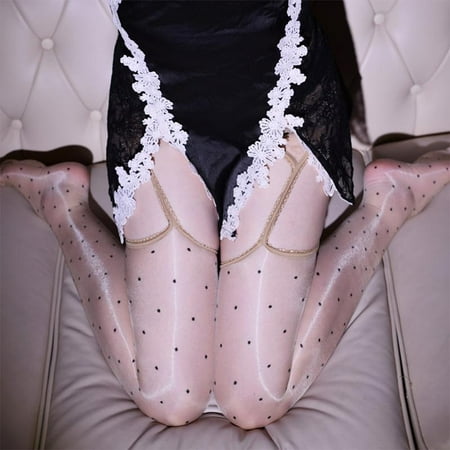 Women Shiny Glossy Ultra Sheer Pantyhose High Waist Polka Dots Stockings