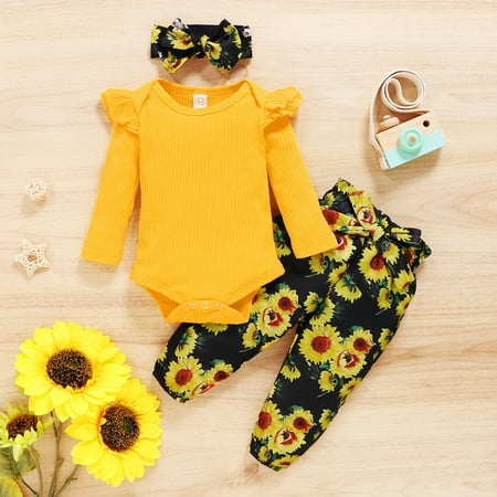 Leutsin Infant Baby Girls Ruffle Romper Bodysuit+Floral Print Pants Headbands Outfits