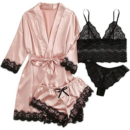 Women s Satin Pajamas Set 4-piece Floral Lace Lace Suspender Underwear Nightdress with Nightgown
Women s Satin Pajamas Set 4-piece Floral Lace Lace Suspender Underwear Nightdress with Nightgown