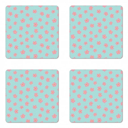

Floral Coaster Set of 4 Scattered Rain Drops and Cherry Blossom Flowers on Aquatic Background Square Hardboard Gloss Coasters Standard Size Seafoam Pink Pale Orange by Ambesonne