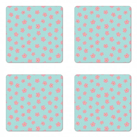 

Floral Coaster Set of 4 Scattered Rain Drops and Cherry Blossom Flowers on Aquatic Background Square Hardboard Gloss Coasters Standard Size Seafoam Pink Pale Orange by Ambesonne