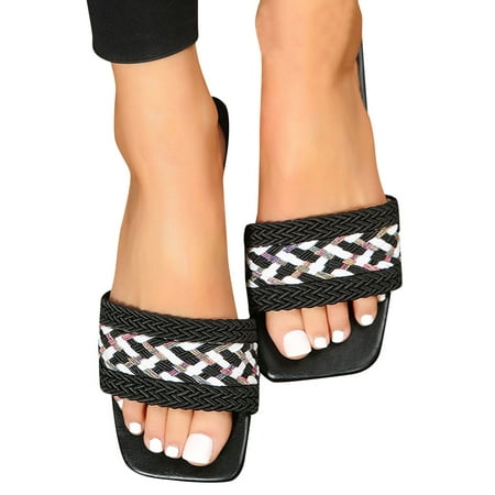 ZIZOCWA 2023 New Summer Women S Slippers Fashion Flat Roman Sandals Pu Leather Weave Soft Sole Shoes Female Breathable Beach Flip-Flops Black Size8