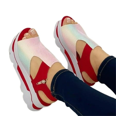 Woman Chunky Platform Sandals Peep Toe Slip-on Shoes PU Made for Daily Casual