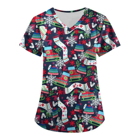 Mlqidk Christmas Print Scrub Top Short Sleeve Scrub Ladies Work Blouses Casual Loose Fit Nurse Uniform Cute Scrub with Pockets 4XL