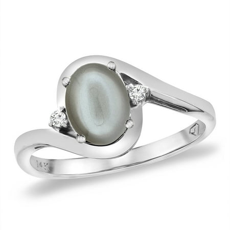 14K White Gold Diamond Natural Gray Moonstone Bypass Engagement Ring Oval 8x6 mm, size 9