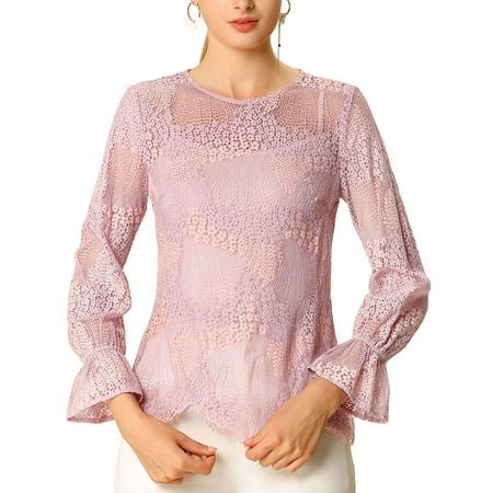 Allegra K Women's See Through Round Neck Ruffle Long Sleeves Lace Top Pink (Size XL / 18)