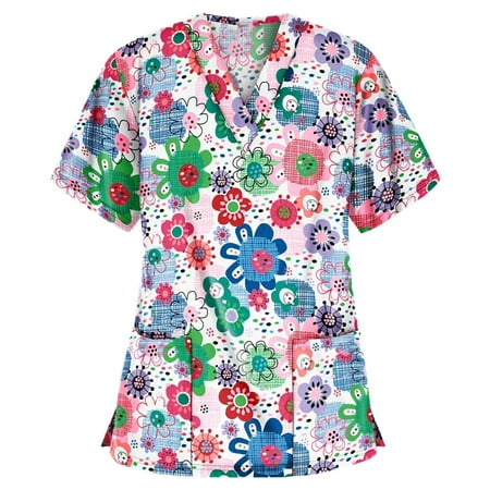 Women Scrubs Top Nurses Clothing Working Uniform Top Care Workwear Short Sleeve V-Neck Tops Cartoon Printed Blouse