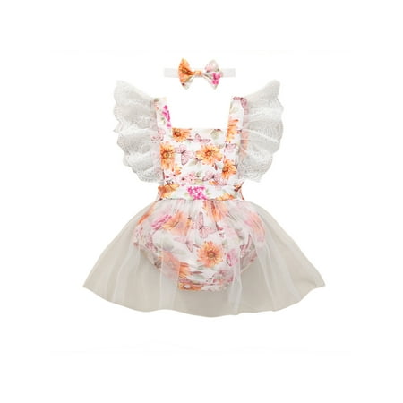 TheFound Infant Baby Girls Floral Dress Lace Flying Sleeve Flower Printed Tutu Romper Jumpsuit Dress+Headband Set