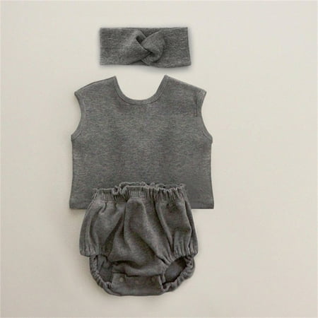 kpoplk Toddler Boy Outfit Toddler Baby Girls Ruffled Sleeveless Romper Cotton Bodysuit Jumpsuit Sunsuit Headband 2Pcs Summer Outfit(Dark Gray)